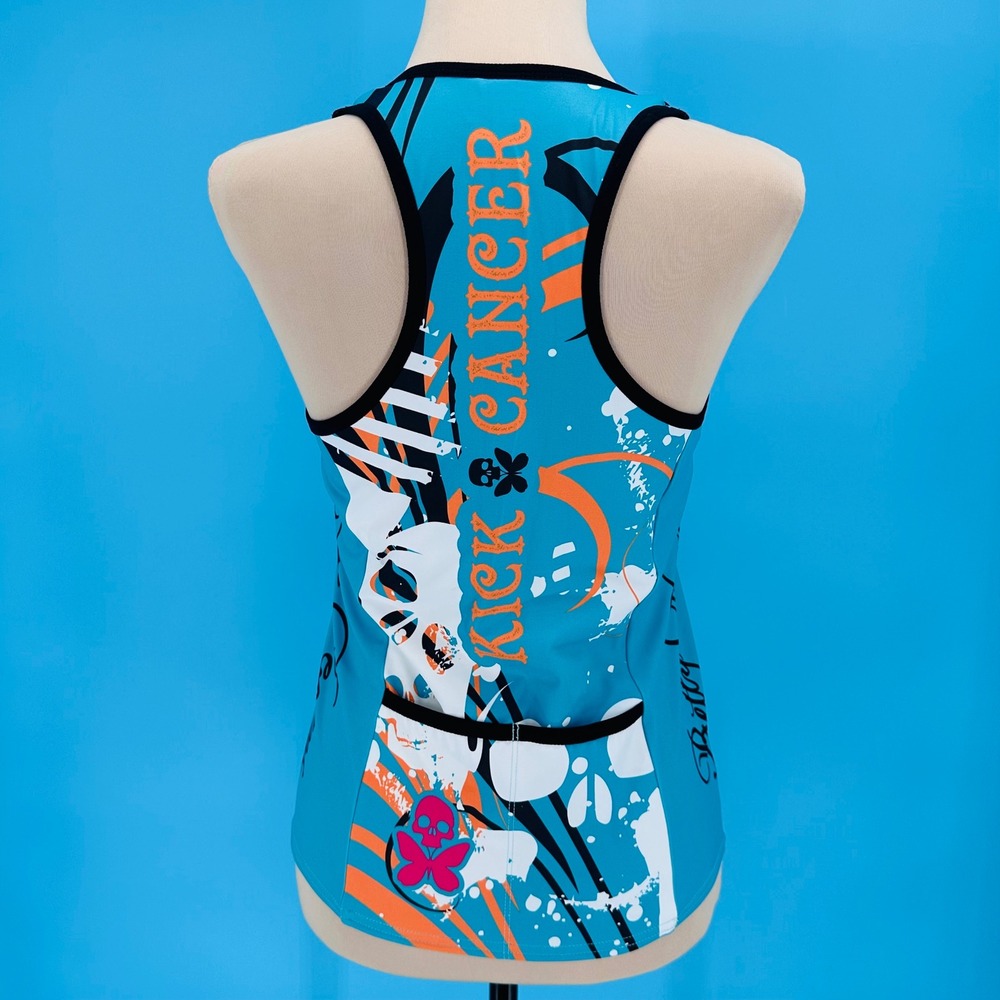 Betty Designs Women‎ Kick Cancer Tri Top Blue Skull Butterfly Racerback Large - Picture 2 of 10